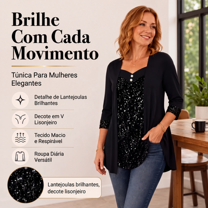 🔥👚 50% OFF! Blusa Feminina com Patchwork de Lantejoulas – Modelo Falsa Duas Peças, Elegante e Moderna