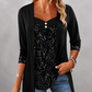 🔥👚 50% OFF! Blusa Feminina com Patchwork de Lantejoulas – Modelo Falsa Duas Peças, Elegante e Moderna