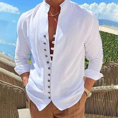 🔥👔 50% OFF! Camisa Masculina Casual de Manga Longa – Gola Alta, Confortável e Fácil de Combinar