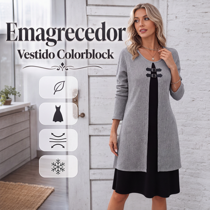 🔥👗 50% OFF! Vestido Feminino de Tricô em Bloco de Cores – Elegante, Confortável e Valoriza a Silhueta