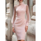 🔥👗 50% OFF! Vestido Midi Feminino de Gola Alta – Elegante, Ajustado e Sofisticado