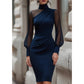 🔥👗 50% OFF! Vestido Midi Feminino de Gola Alta – Elegante, Ajustado e Sofisticado