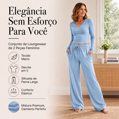 🔥👚 50% OFF! Conjunto Feminino de Blusa Manga Longa com Decote em V e Calça Pantalona – Elegante, Confortável e Versátil