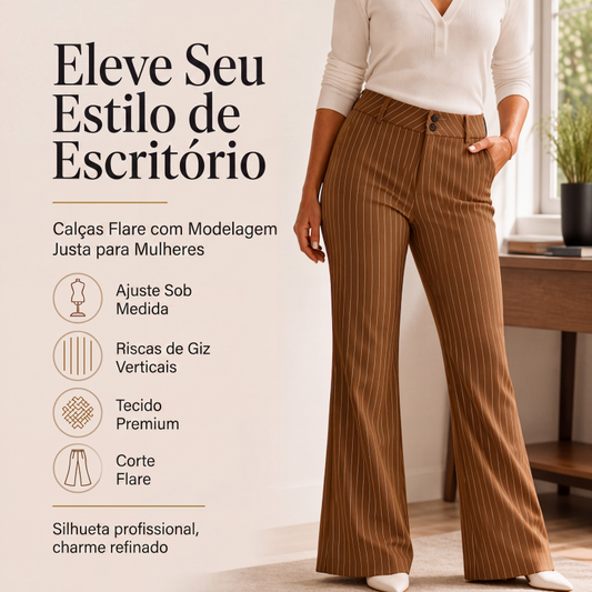 🔥👖 50% OFF! Calça Social Feminina Listrada Flare – Elegante, Alongada e Sofisticada