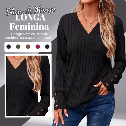 🔥👚 50% OFF! Blusa Feminina de Tricô com Gola V – Macia, Elegante e Confortável para o Dia a Dia