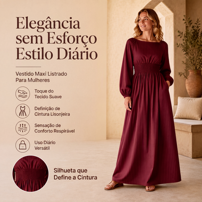 🔥👗 50% OFF! Vestido Longo Feminino Listrado com Cintura Elástica – Elegante, Confortável e Leve