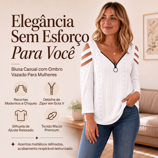 🔥👚 50% OFF! Camiseta Feminina com Zíper e Ombro Frio – Elegante, Moderna e Confortável