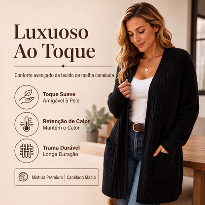 🔥🧶 50% OFF! Cardigã Feminino de Tricô Canelado – Macio, Elegante e Aconchegante