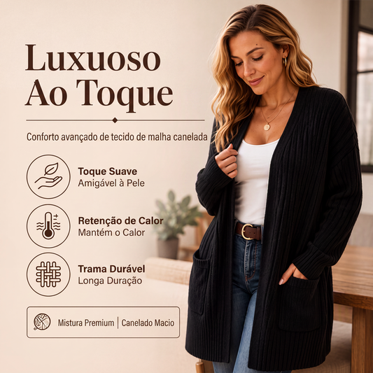 🔥🧶 50% OFF! Cardigã Feminino de Tricô Canelado – Macio, Elegante e Aconchegante