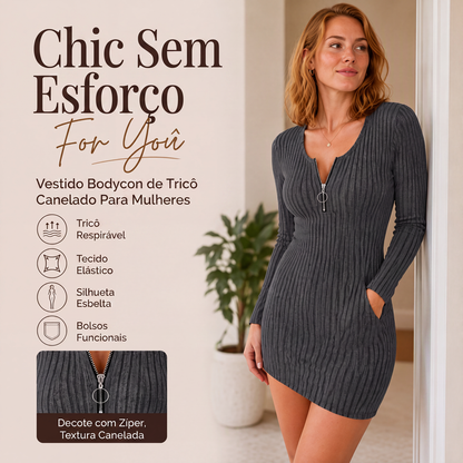 🔥👗 50% OFF! Vestido Feminino de Tricô Canelado com Zíper Frontal – Elegante, Macio e Confortável