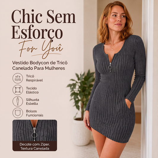 🔥👗 50% OFF! Vestido Feminino de Tricô Canelado com Zíper Frontal – Elegante, Macio e Confortável