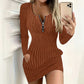 🔥👗 50% OFF! Vestido Feminino de Tricô Canelado com Zíper Frontal – Elegante, Macio e Confortável