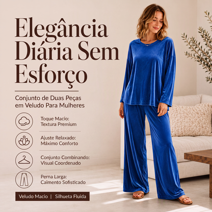 🔥👚 50% OFF! Conjunto Feminino de Veludo com Blusa de Manga Longa e Calça Pantalona – Elegante, Macio e Confortável