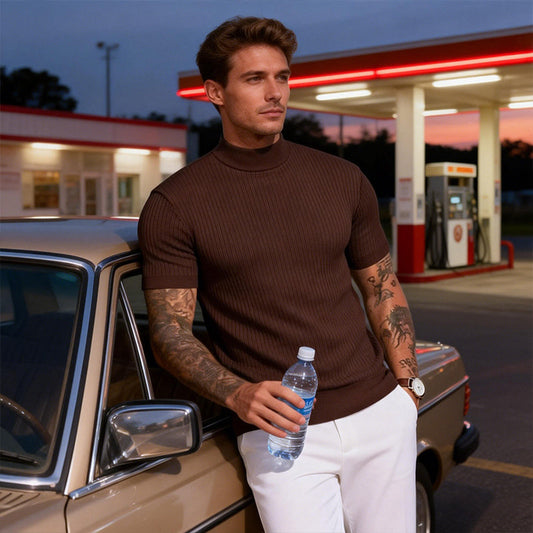 🔥👕 50% OFF! Camiseta Masculina de Tricô Canelado com Gola Alta – Elegante, Confortável e Sofisticada