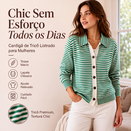 🔥🧶 50% OFF! Cardigã Feminino de Tricô Listrado – Elegante, Macio e Confortável para o Dia a Dia