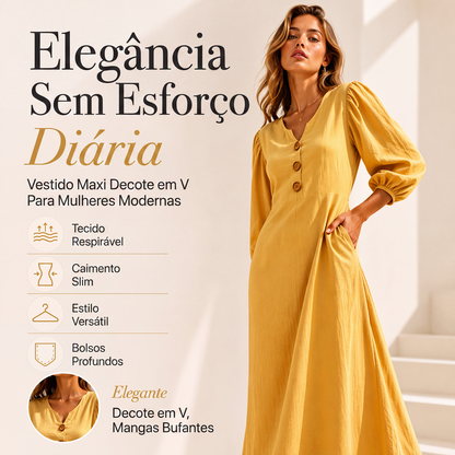 🔥👗 50% OFF! Vestido Longo Feminino com Decote V e Mangas Bufantes – Elegante, Leve e Confortável