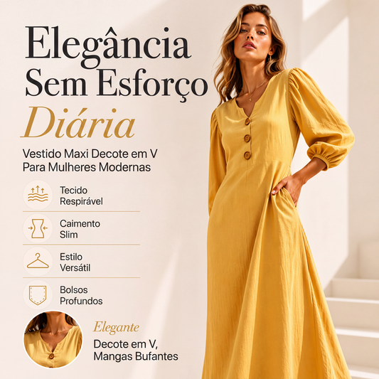 🔥👗 50% OFF! Vestido Longo Feminino com Decote V e Mangas Bufantes – Elegante, Leve e Confortável