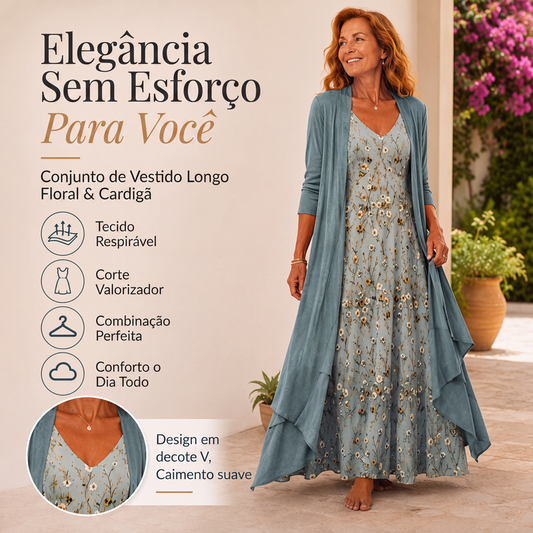🔥👗 50% OFF! Conjunto Feminino de Vestido Floral com Cardigã – Elegante, Confortável e Versátil