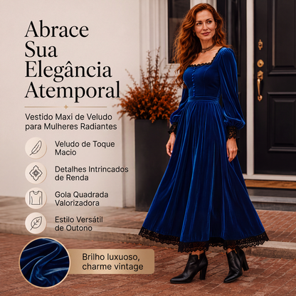 🔥👗 50% OFF! Vestido Feminino de Veludo com Decote Quadrado – Elegante, Sofisticado e com Estilo Vintage