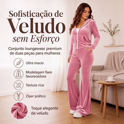 🔥 50% OFF! ✨ Conjunto Feminino de Veludo com Zíper – Moletom Confortável e Calça Flare Elegante