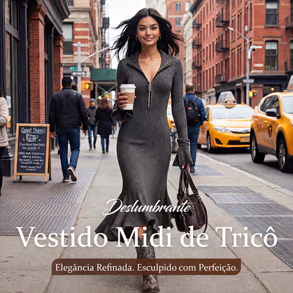 🔥 50% OFF! ✨ Vestido Midi Retrô Feminino com Zíper no Decote e Mangas Sino – Elegância Vintage com Conforto Moderno