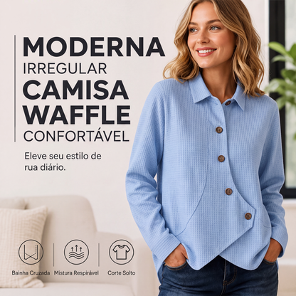 🔥 50% OFF! 👚 Camisa Waffle Feminina de Barra Irregular – Estilo Moderno, Conforto Respirável e Caimento Elegante