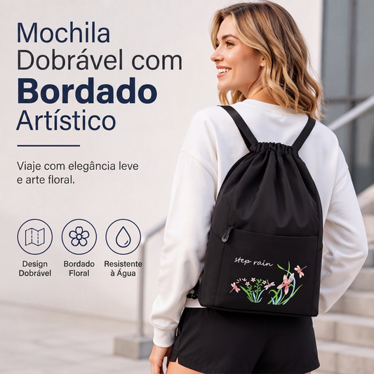 🔥 50% OFF! 🎒 Mochila Feminina Dobrável com Bordado Floral – Leve, Espaçosa e Perfeita Para Viagens e Dia a Dia