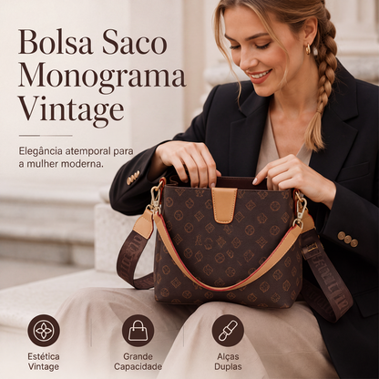 🔥 50% OFF! 👜 Bolsa Bucket Feminina com Monograma Vintage – Elegante, Espaçosa e Perfeita Para Trabalho e Dia a Dia