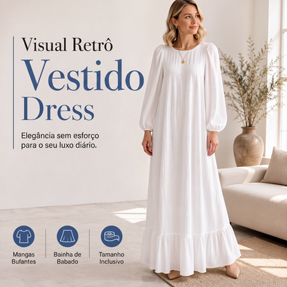 🔥 50% OFF! 👗 Vestido Longo Vintage Feminino com Babados – Elegante, Confortável e Perfeito Para Qualquer Ocasião