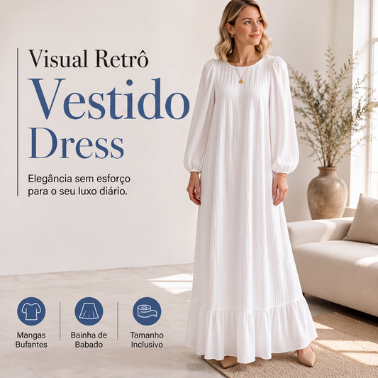 🔥 50% OFF! 👗 Vestido Longo Vintage Feminino com Babados – Elegante, Confortável e Perfeito Para Qualquer Ocasião