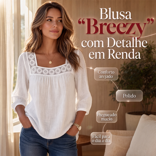 🔥 50% OFF! 👚 Blusa Feminina com Decote Quadrado e Detalhes de Crochê – Elegante, Leve e Fácil de Combinar