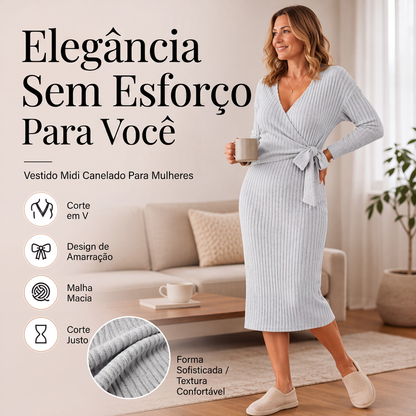 🔥 50% OFF! 👗 Vestido Feminino de Tricô Canelado com Decote em V e Amarração – Elegante, Confortável e Valoriza a Silhueta