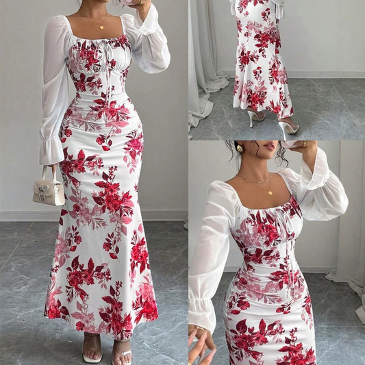 🌸 50% OFF! 👗 Vestido Feminino Elegante com Estampa Floral, Decote Quadrado e Barra Sereia – Sofisticado, Feminino e Encantador