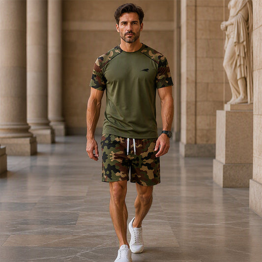 🔥 50% OFF! 👕 Conjunto Masculino Camuflado de 2 Peças – Camiseta + Shorts, Confortável, Leve e Prático