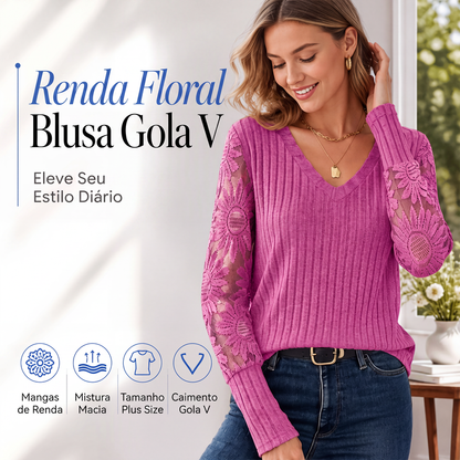 🔥 50% OFF! 👚 Blusa Feminina de Renda Floral com Decote em V – Elegante, Respirável e Fácil de Combinar