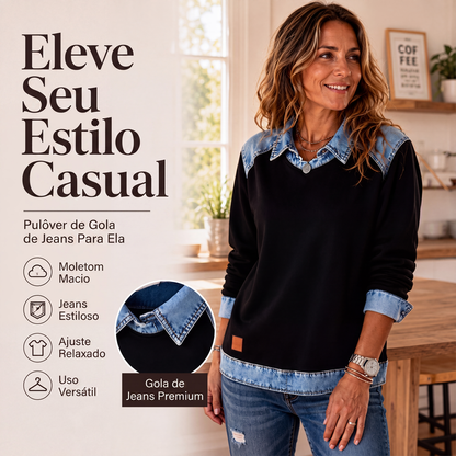 🔥 50% OFF! 👚 Moletom Feminino de Manga Longa com Patchwork de Jeans – Estilo Moderno, Confortável e Despojado