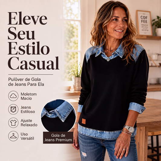 🔥 50% OFF! 👚 Moletom Feminino de Manga Longa com Patchwork de Jeans – Estilo Moderno, Confortável e Despojado