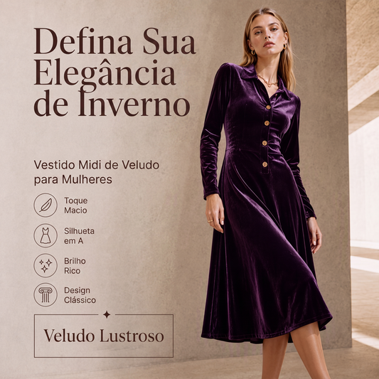 🔥 50% OFF! 👗 Vestido Feminino de Veludo Evasê com Botões Frontais – Elegância Vintage, Caimento Sofisticado e Conforto