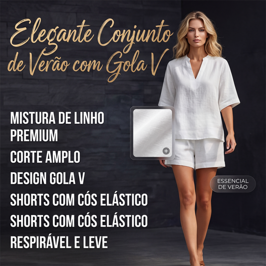 🔥 50% OFF! 👚 Conjunto Feminino de Verão com Gola V – Blusa e Shorts Leves, Elegantes e Confortáveis para o Dia a Dia