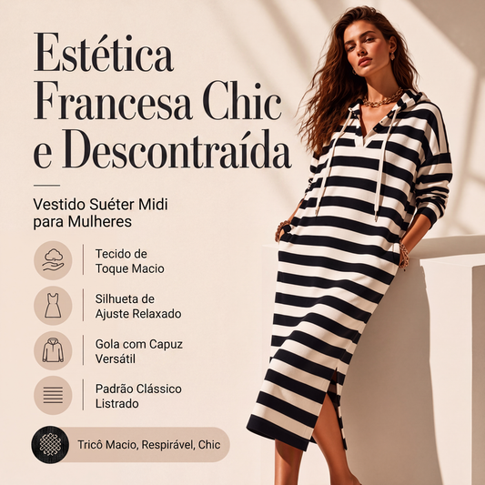 🔥 50% OFF! 👗 Vestido Moletom Feminino com Capuz Listrado – Confortável, Estiloso e Perfeito para Looks Casuais