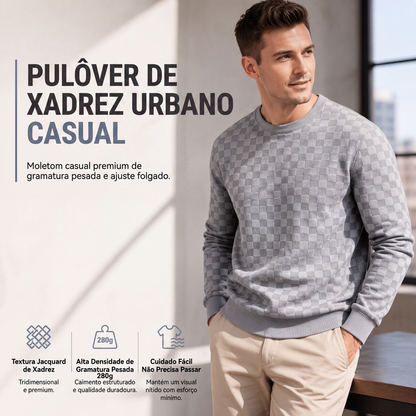🔥 50% OFF! 👕 Moletom Masculino Xadrez Gola Careca – Estilo Urbano Retrô, Textura Premium e Conforto para o Dia Todo
