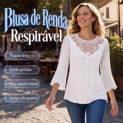 🔥 50% OFF! 👚 Blusa Feminina de Renda com Mangas 3/4 – Elegante, Respirável e Perfeita para Looks Leves de Verão