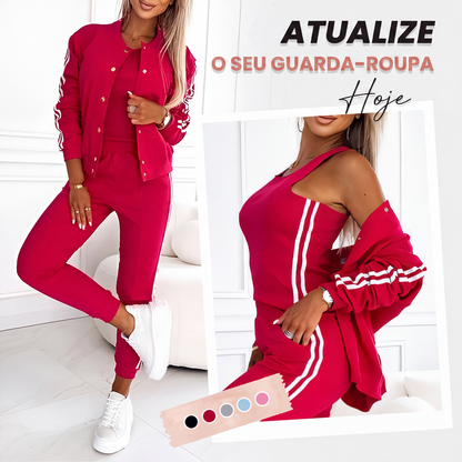 🔥 50% OFF! 👗 Conjunto Feminino Casual de 3 Peças – Jaqueta, Regata e Calça com Estilo Versátil e Conforto para o Dia Todo
