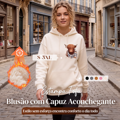 🔥 50% OFF! 🐮🧥 Moletom Feminino com Capuz Forrado de Lã Peluciada – Estampa Fofa de Vaca Highland, Quente e Confortável