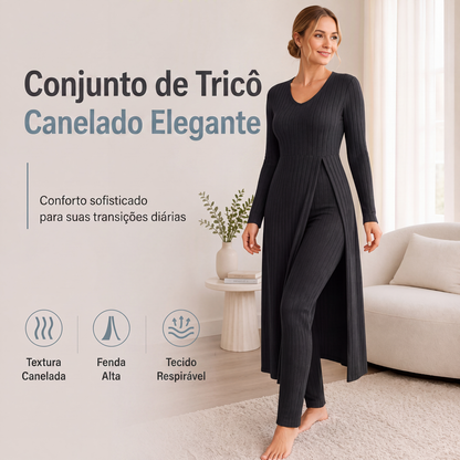 🔥 50% OFF! 👗 Conjunto Feminino de Tricô Canelado com Blusa Longa e Calça – Conforto, Elegância e Estilo Casual Sofisticado