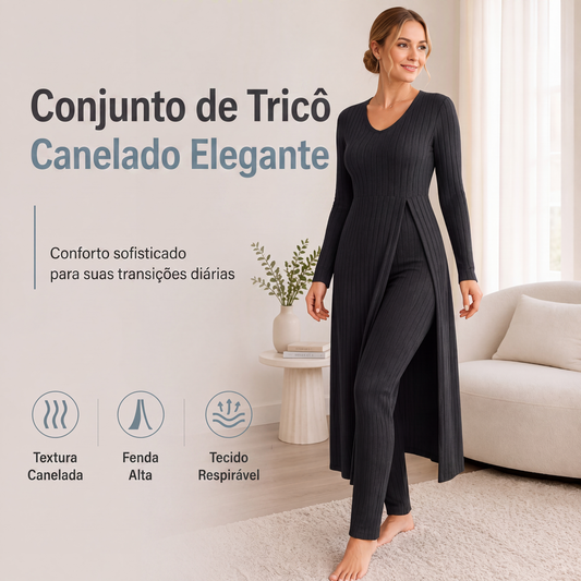 🔥 50% OFF! 👗 Conjunto Feminino de Tricô Canelado com Blusa Longa e Calça – Conforto, Elegância e Estilo Casual Sofisticado