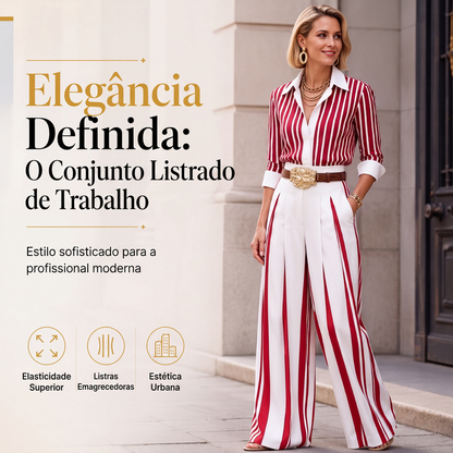 🔥 50% OFF! 👗 Conjunto Feminino de Camisa e Calça Pantalona Listrada – Visual Elegante, Silhueta Alongada e Conforto o Dia Todo