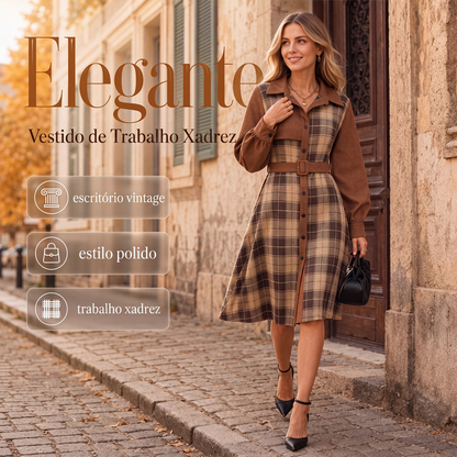 🔥 50% OFF! 👗 Vestido Feminino Xadrez Elegante – Modelo Social Vintage com Cinto, Cintura Marcada e Estilo Sofisticado