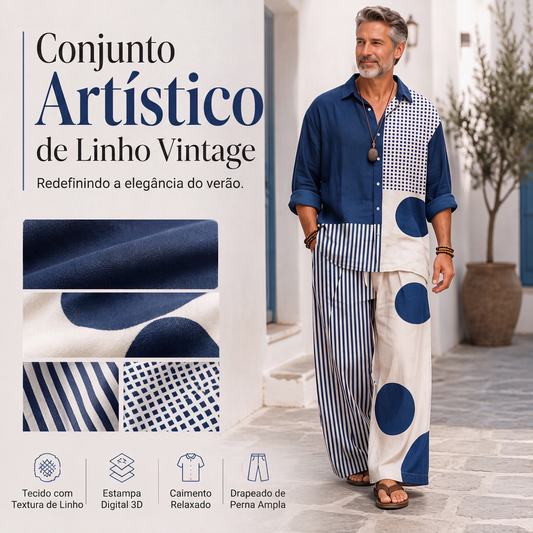 🔥 50% OFF! 👕 Conjunto Masculino Retrô de 2 Peças – Camisa e Calça Solta com Estilo Vintage, Conforto e Elegância no Verão