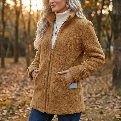🔥 50% OFF! 🧥 Jaqueta Feminina de Pelúcia com Zíper – Gola Alta, Quentinha, Confortável e Perfeita para o Inverno